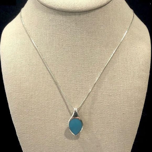 Vintage Sterling Silver and Turquoise Pendant On Sterling Silver Necklace - Picture 1 of 8